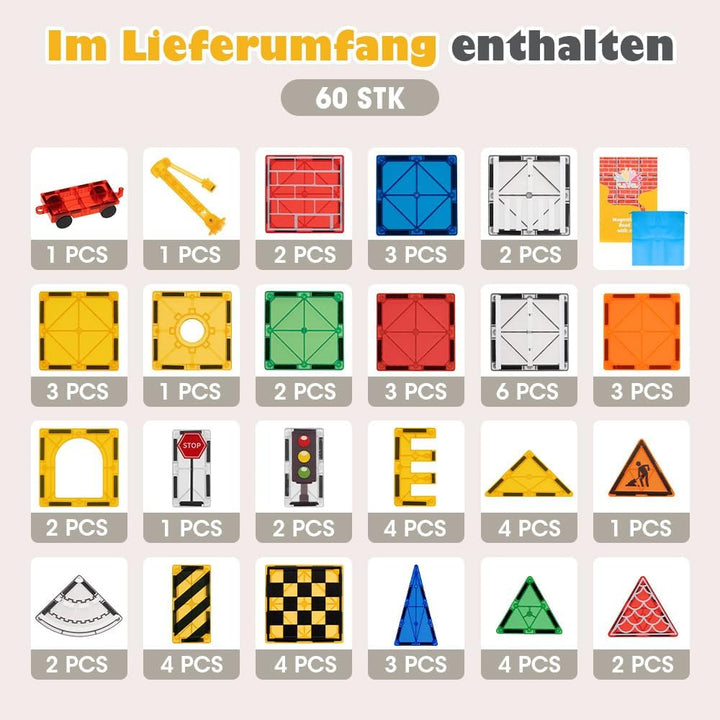 Playpals Magnetische Bausteine Stadt-Strassenset, 60-teilig mit Kran | STEM-Lernen, Verkehrszeichen,