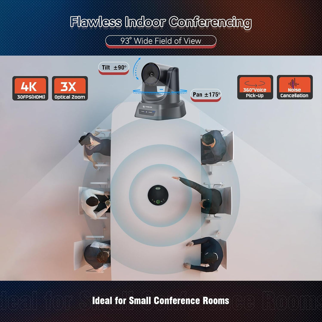 TONGVEO 4K PTZ-Konferenzkamerasystem, KI-Auto-Tracking, 3X Zoom, 4K PTZ-Kamera mit USB 3.0/HDMI & 93