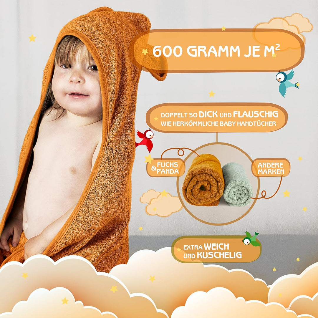 Fuchs&Panda Kapuzenhandtuch Baby EXTRA dick, warm & weich | 75x75cm Babyhandtuch mit Kapuze (100% Ba