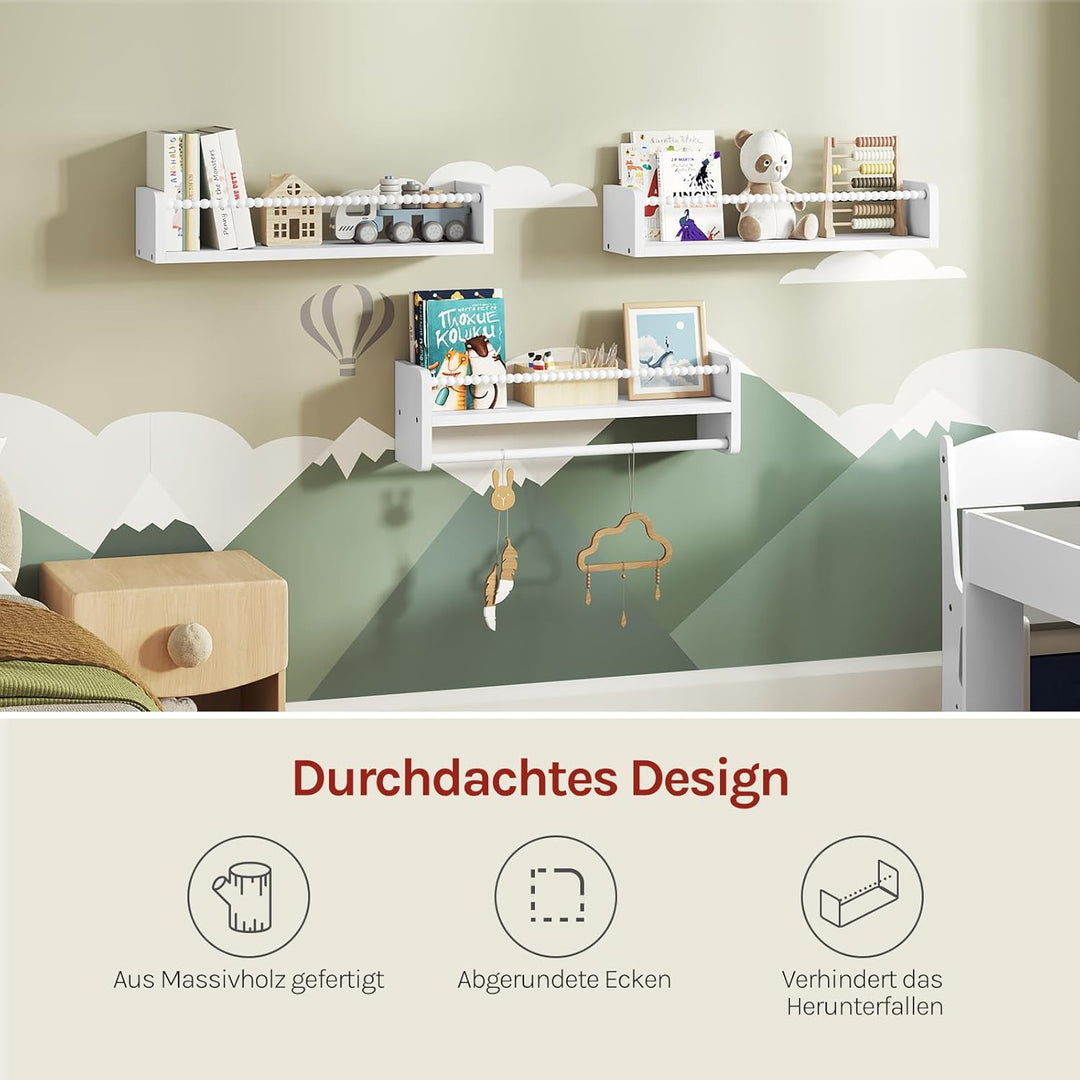 WOLTU 3er Set Kinder Bücherregal Wand, 50cm Wandregal Kinderzimmer, aus Massivholz, Hängeregal Schwe