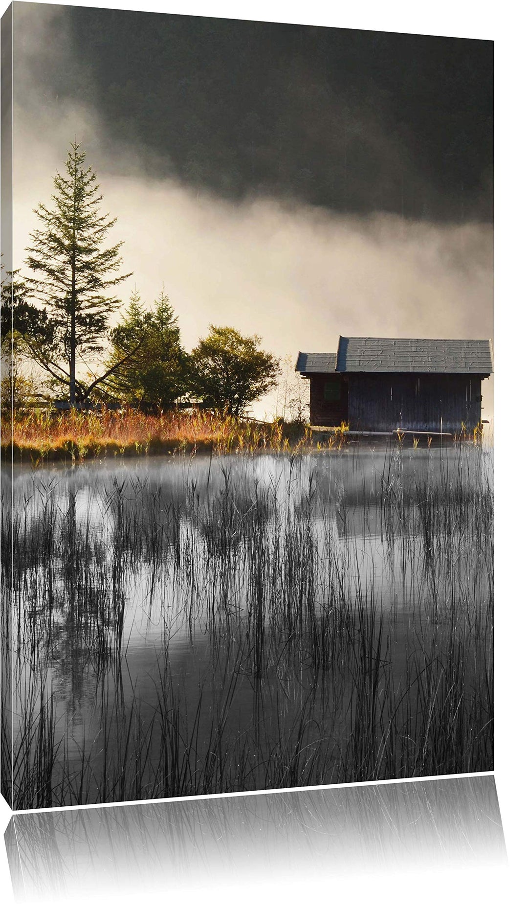 Pixxprint Häuschen am See mit Nebel / 100x70cm Leinwandbild bespannt auf Holzrahmen/Wandbild Kunstdr