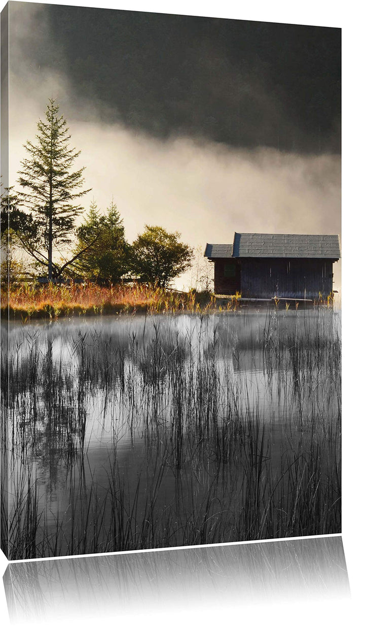 Pixxprint Häuschen am See mit Nebel / 100x70cm Leinwandbild bespannt auf Holzrahmen/Wandbild Kunstdr