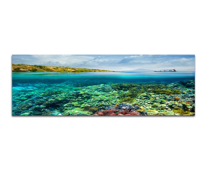 Paul Sinus Art Panoramabild auf Leinwand und Keilrahmen 150x50cm Meer Korallenriff Boot Vulkan Wolke