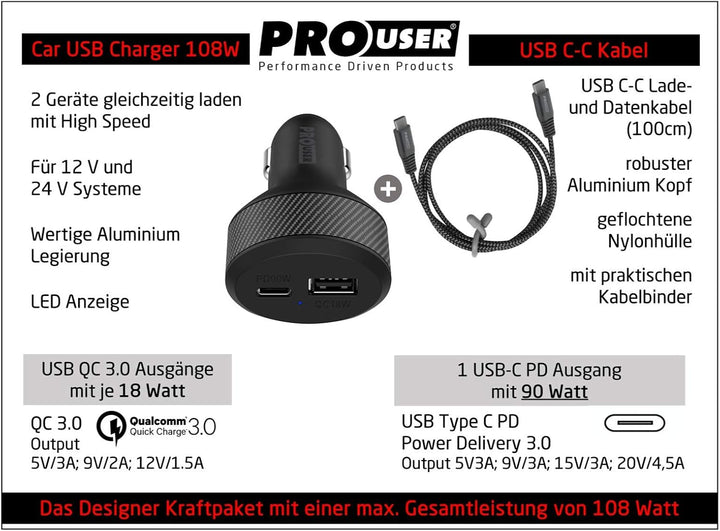 Pro User 2-Fach-USB Car Charger 108W (112.5W SCP) im Set: Auto Ladegerät mit 90W USB-C PD und USB-A