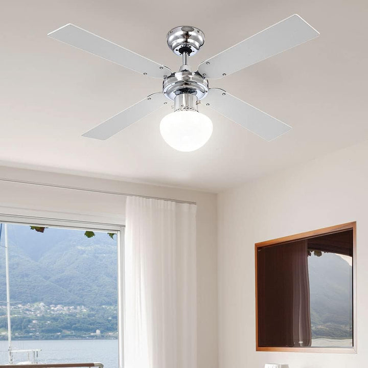 Globo E27 Deckenventilator mit Chrom Klingen, silberfarben/Weiss 105 cm Wendeblätter
