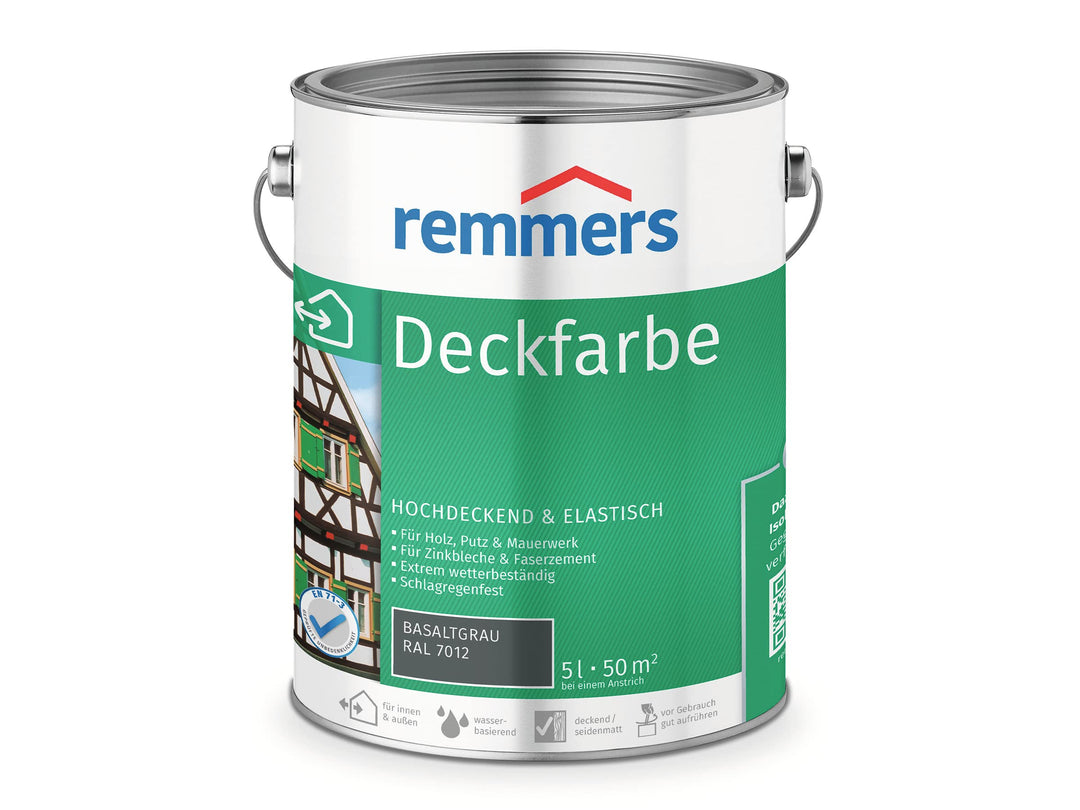 Remmers Deckfarbe basaltgrau (RAL 7012), 5 Liter, Deckfarbe für innen und aussen, Wetterschutzfarbe