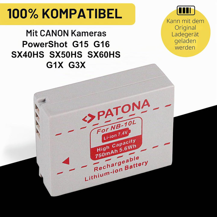 PATONA 2X Akku Ersatz für Canon NB-10L NB10L Battery Pack 750mAh 7.4V 5.6Wh | Ersatzakku für PowerSh