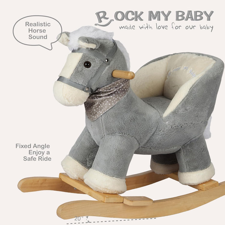 Plüsch Rocking Horse - weicher gefüllter Körper, Sicherheitssitz Stuhl, Holz Rockers, Musikknopf - K