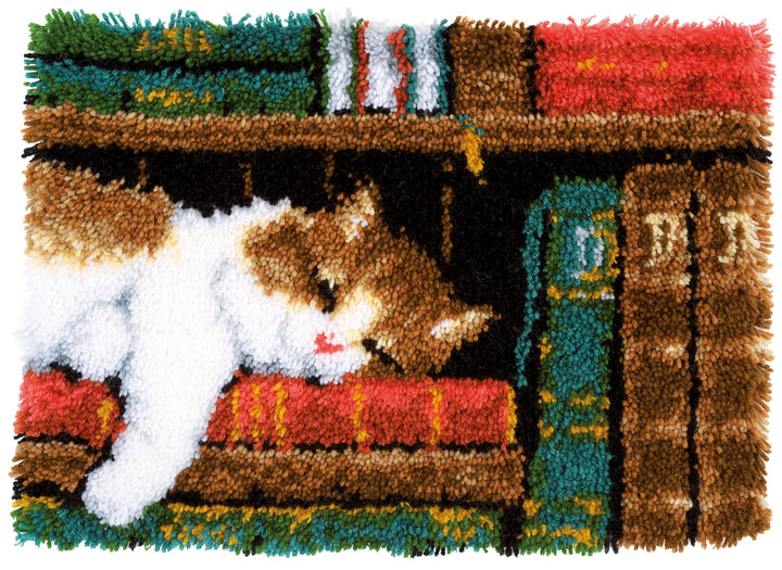Vervaco Katze im Bücherregal Knüpfteppich, Stramin, Weiss, 53 x 39 x 0,3 cm