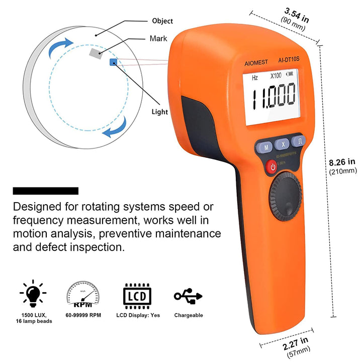 AIOMEST Digitales LED Stroboskop Tachometer Messung 60~99,999 RPM/Hz, wiederaufladbare berührungslos