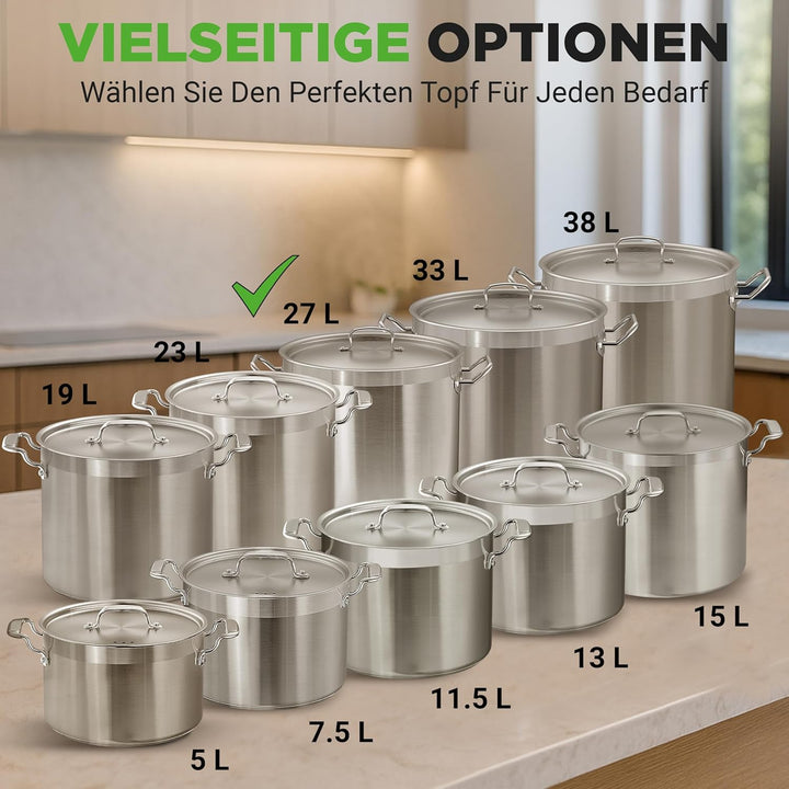 NutriChef Edelstahl Kochtopf 28,4L Induktion – Suppentopf mit Deckel, Profiqualität für Gastronomie