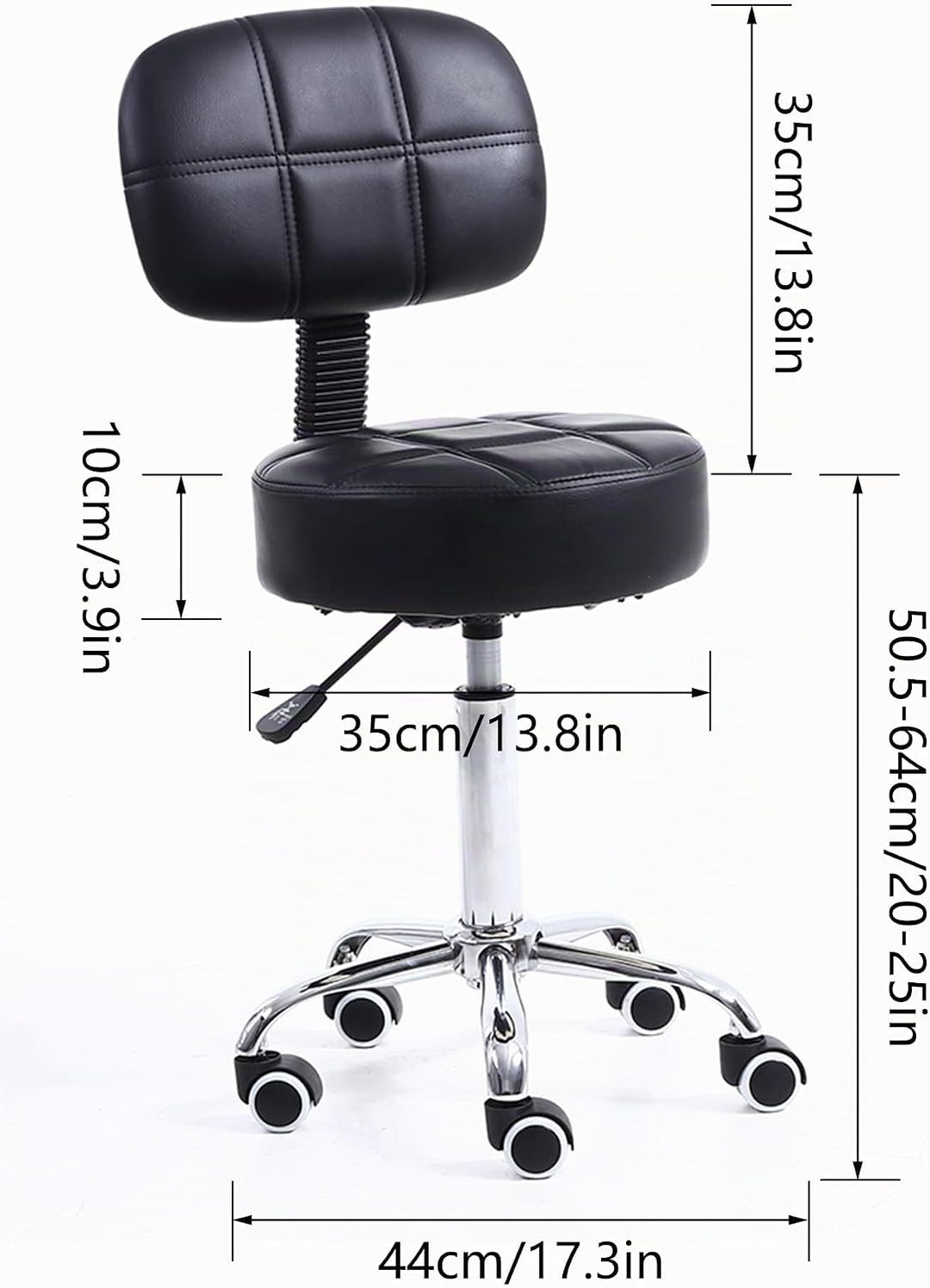 KKTONER Rollhocker mit Rückenlehne Höhenverstellbarer 50-64cm Schwarz | 360° drehbar Salon Hocker PU