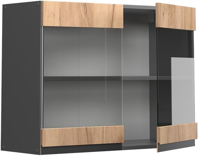 Vicco Küchenschrank Glas R-Line, Goldkraft Eiche/Anthrazit, 80 cm J-Shape Goldkraft Eiche Hängeglass