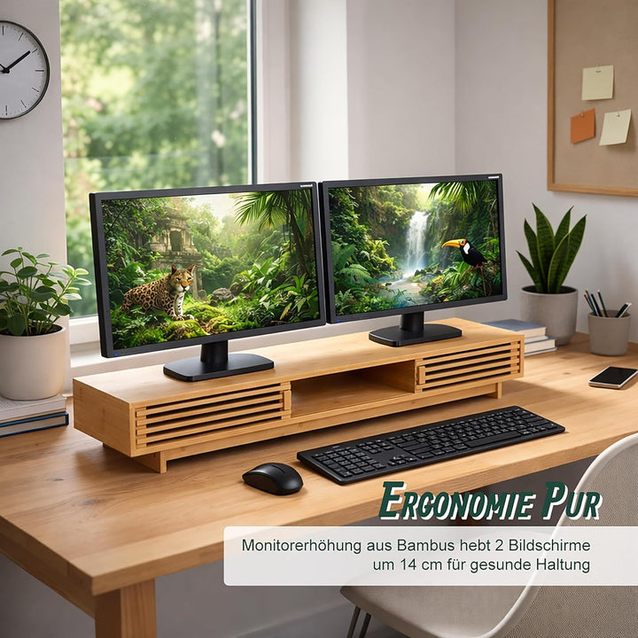 Relaxdays Monitorständer, 2 Bildschirme, mit 3 Fächern, HBT: 14 x 96,5 x 24,5 cm, Bambus, Bildschirm