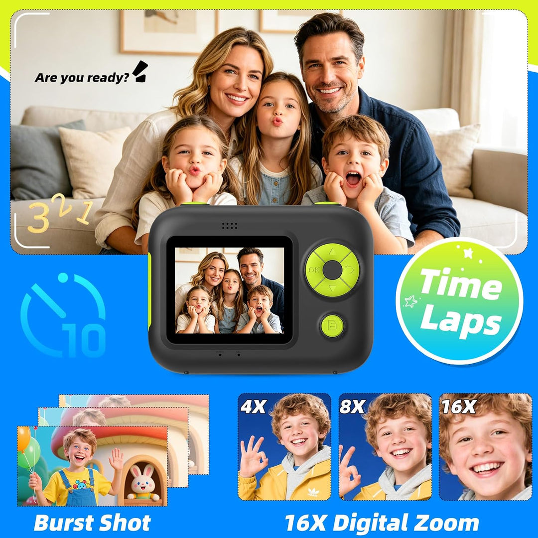 Kinder Sofortbildkamera, Digitalkamera mit Druck | 2,4 Zoll Display, 1080P HD Video, TF Karte &amp; 5 Ro