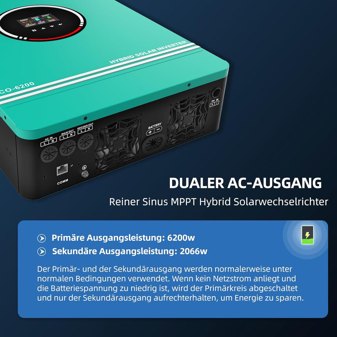 Anern 6200W Hybrid Wechselrichter Solar 48VDC mit WiFi Modul bis 220V/230V mit 120A MPPT Solarregler