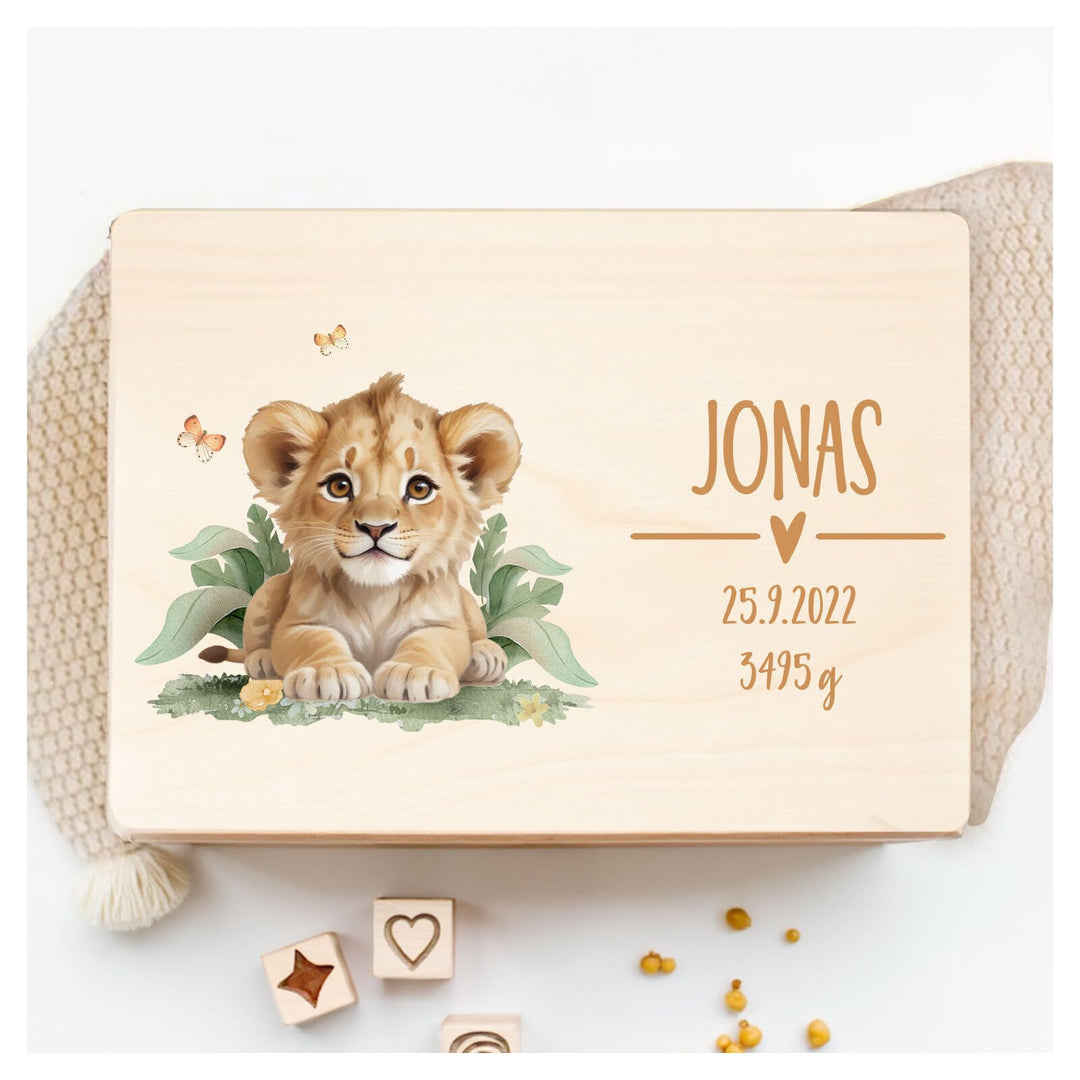 Little Deco Personalisierte Erinnerungsbox Baby Dschungel Löwe Holzkiste | L - 40 x 30 x 22 cm | Ges