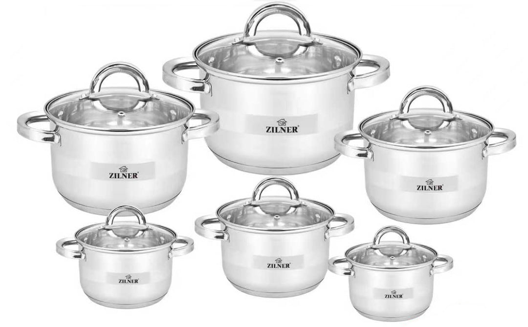 Topfset, Kochtopf Set 12-teilig, Edelstahl, Glasdeckel, Silber