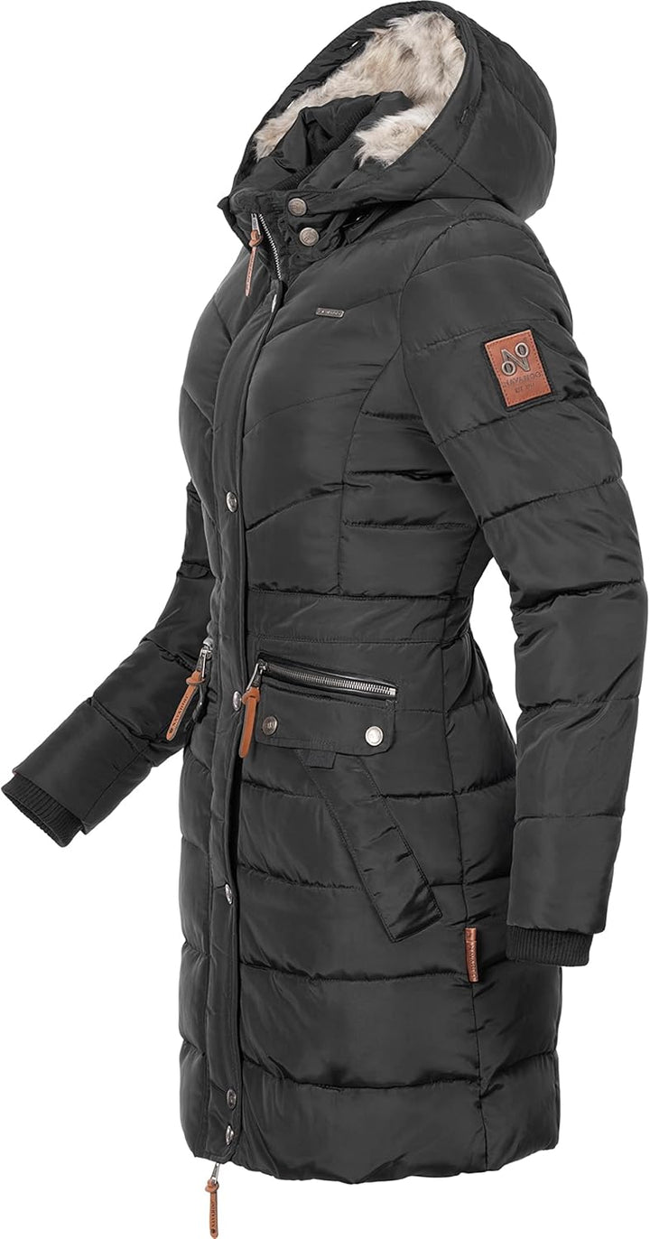 Navahoo Damen Wintermantel Warmer Steppmantel lang mit Abnehmbarer Kunstfell-Kapuze Paula XS-5XL, Sc