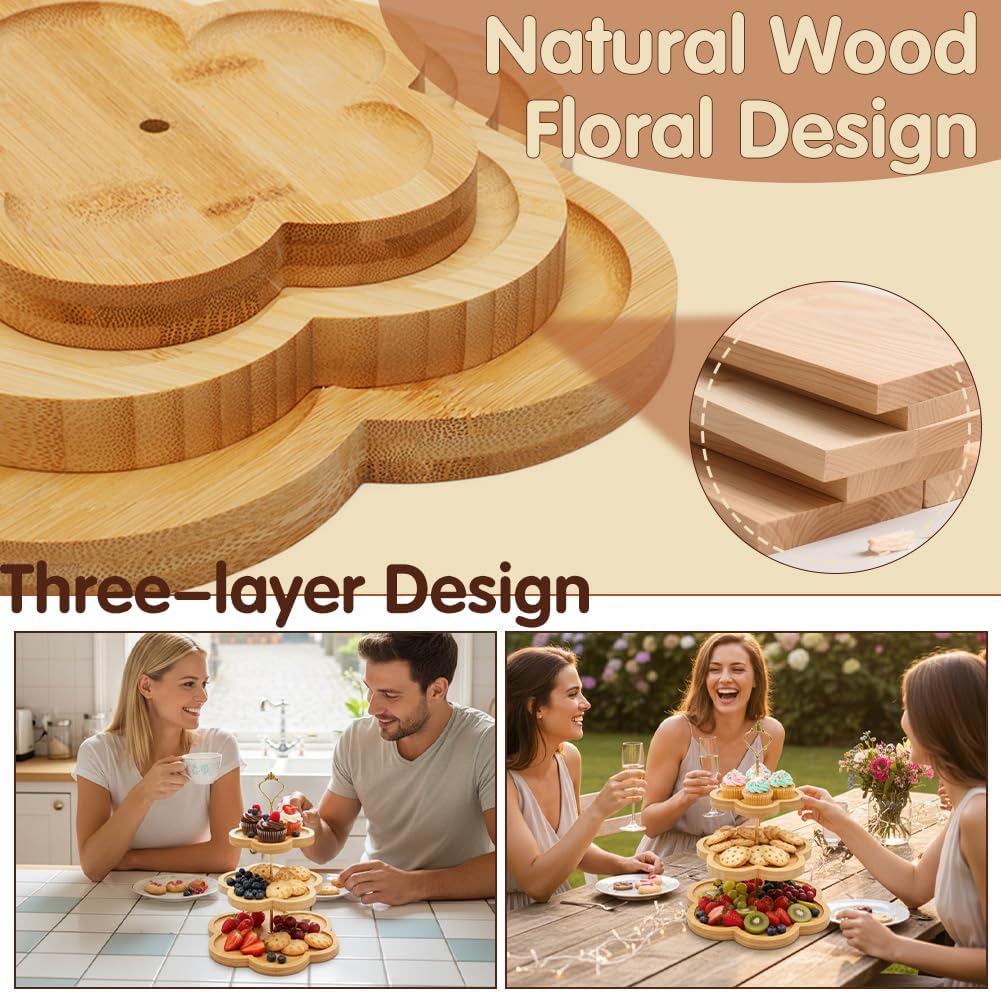 Etagere 3 Etagen Bambus, Holz-Cupcake-Ständer Blumenform-Design, Bambus-Etagere Buffet Ständer Servi