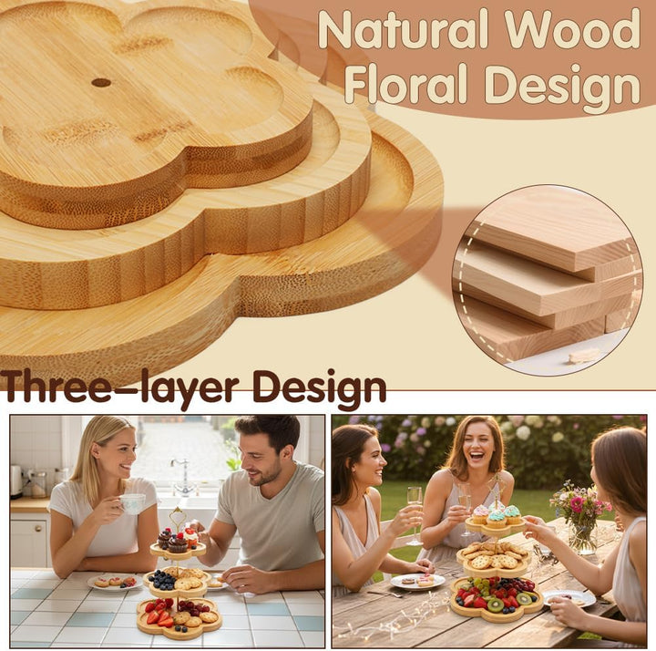 Etagere 3 Etagen Bambus, Holz-Cupcake-Ständer Blumenform-Design, Bambus-Etagere Buffet Ständer Servi