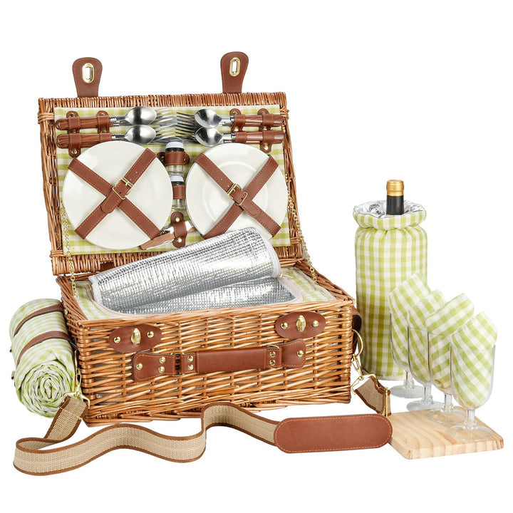 Wicker Picknickkorb Set für 4 Person mit Kühlfach und wasserdichte Picknickdecke, Abnehmbarer Riemen
