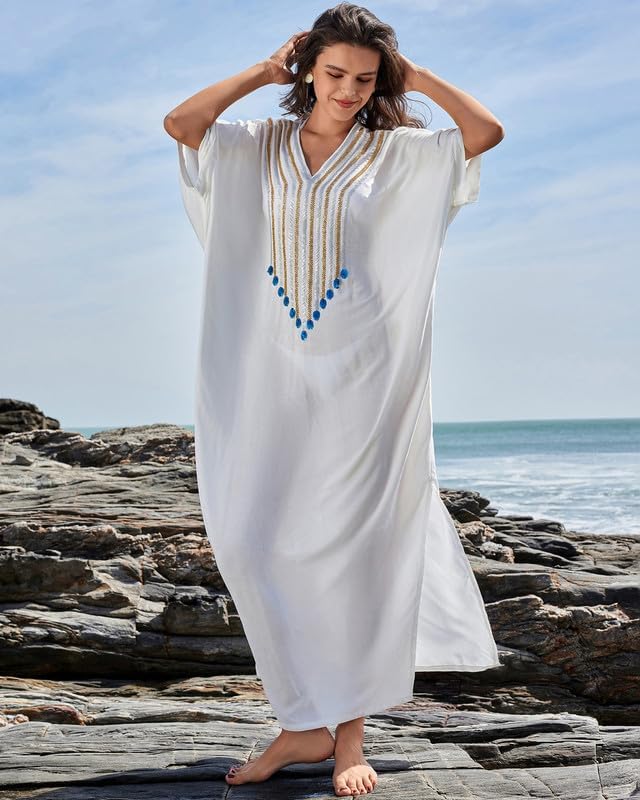 Bsubseach Damen Stickerei Kurzarm Bikini Strandkleid Side Split Beach Kaftan Kleid Ff-weiss, Ff-wei&