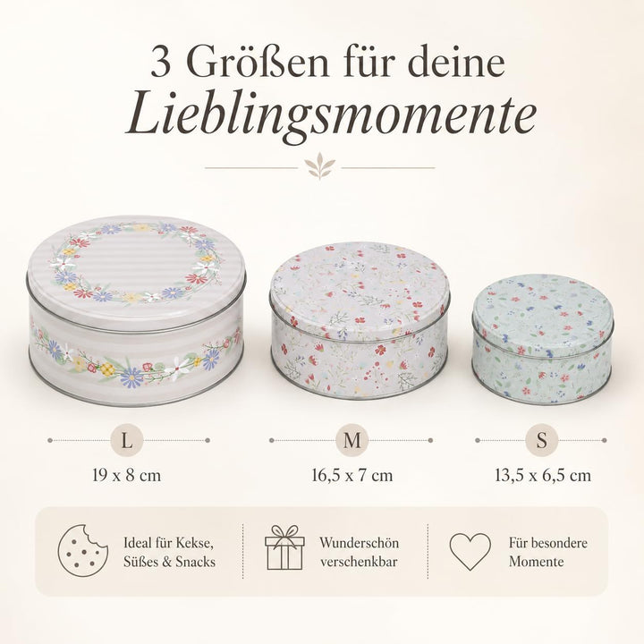 MIJOMA Keksdosen-Set – 3er-Set Metalldosen mit Deckel – Motiv Flowers | runde Dosen mit Motiv – stap