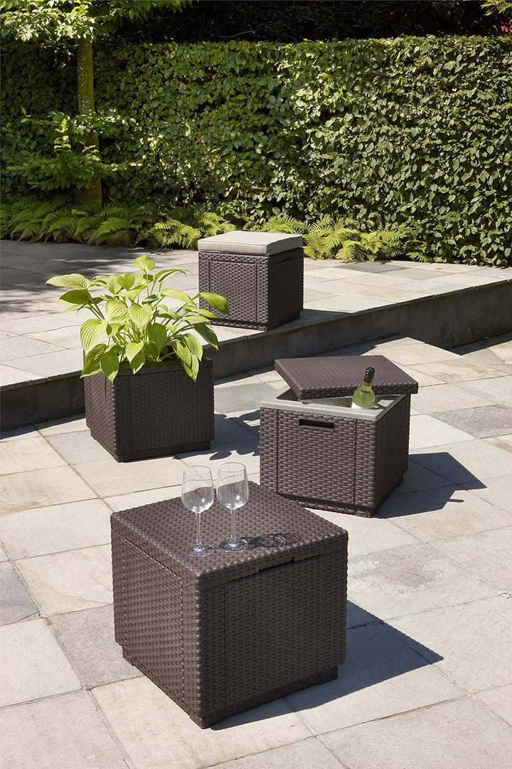 Allibert 206721 Hocker mit Kissen Cube w/cushion, Rattanoptik, Kunststoff, braun