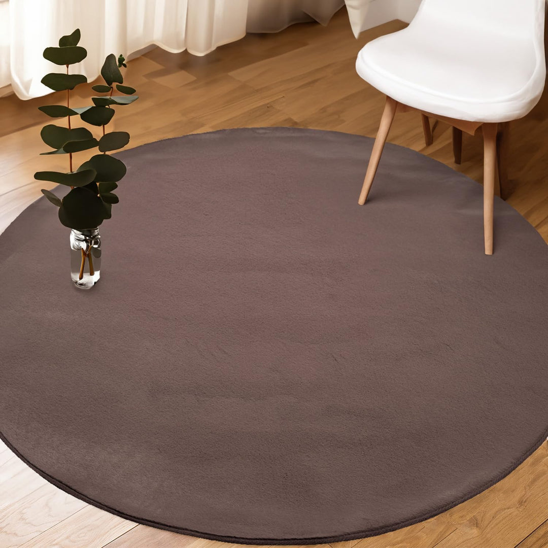 payé Teppich Wohnzimmer Hochflor Braun - 120x120cm - Rund Super Soft Kuschelweich Flauschig Modern E