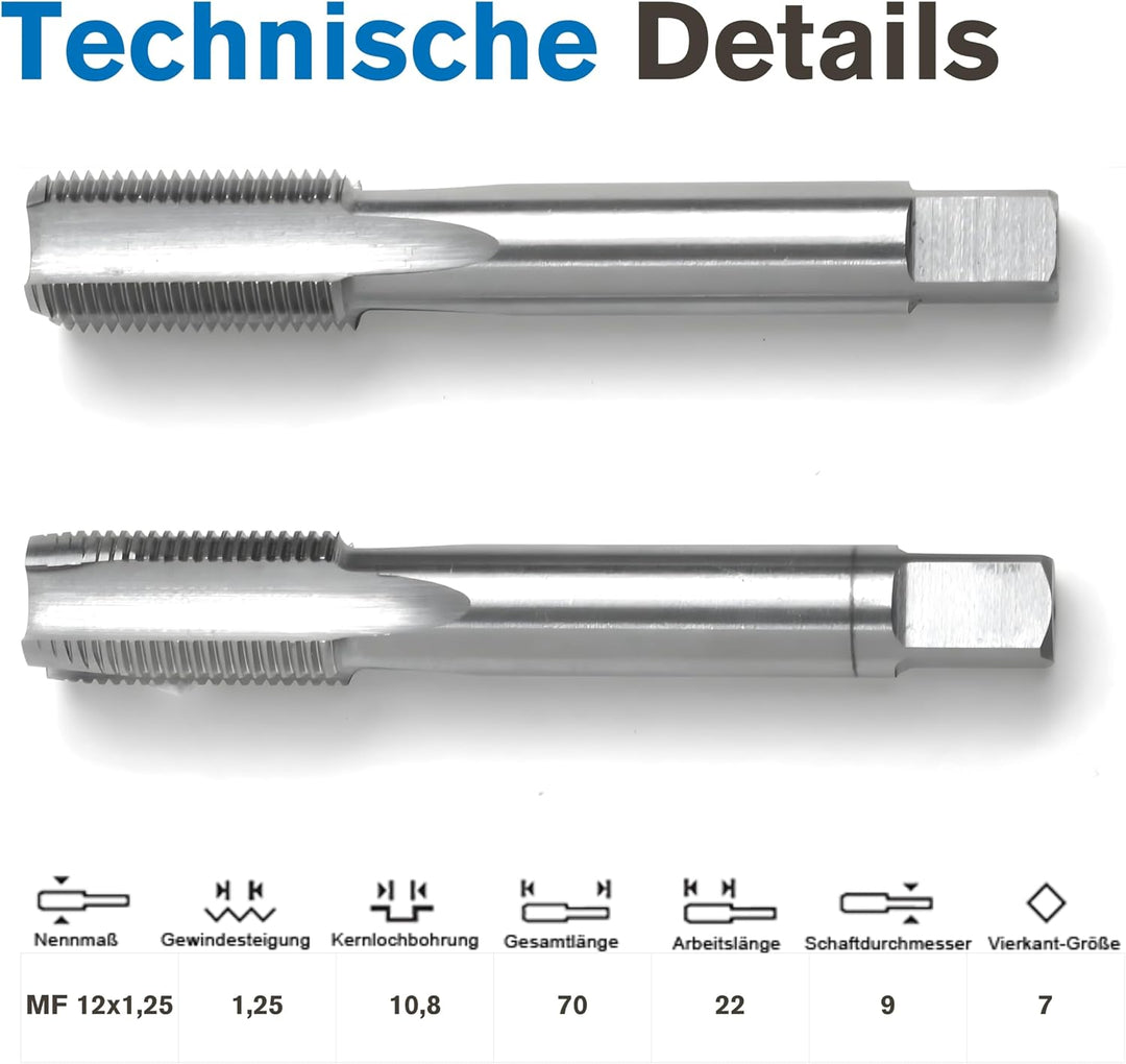 Handgewindebohrer Satz MF12 | 2-teilig | DIN 2181 HSS-G | Gewindeschneider MF 12 x 1,25 | Gewindeboh
