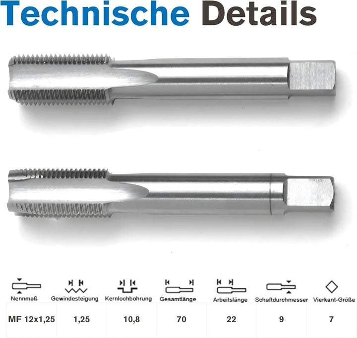 Handgewindebohrer Satz MF12 | 2-teilig | DIN 2181 HSS-G | Gewindeschneider MF 12 x 1,25 | Gewindeboh
