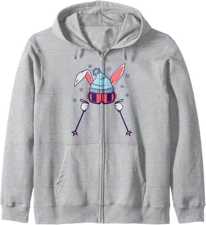 Skifahren Hase mit Skistöcke Skibrille Skicap Osterhase Kapuzenjacke