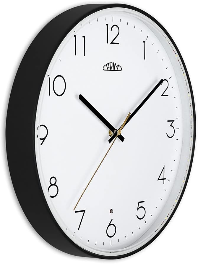 PRIM Sense Leuchtende Design Kunstoff Wanduhr, Weiss/Schwarz, Licht- und Geräusch-Sensor, Quarz-Uhrw