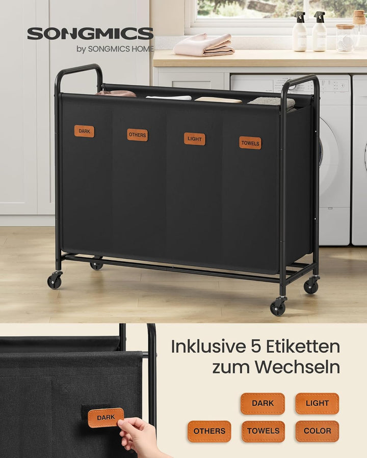 SONGMICS Wäschekorb mit Rollen, Wäschesammler 4 Fächer, 200 L Wäschesortierer, beweglicher Wäschewag