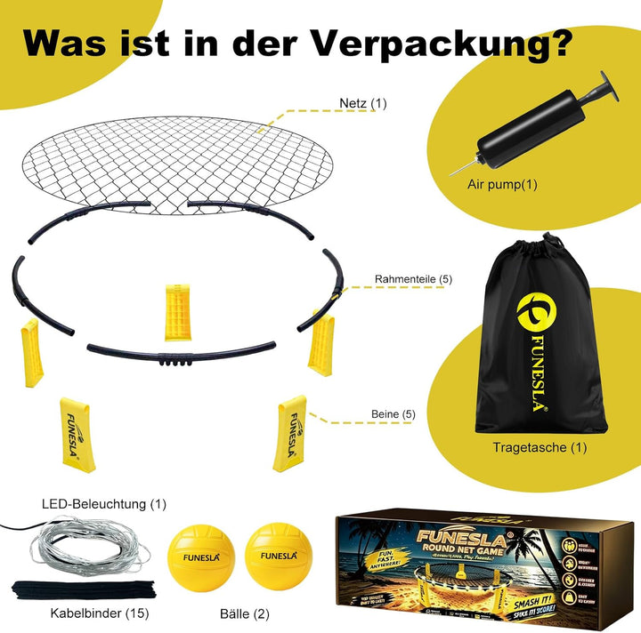 Roundnet Spiel Set 2026 – LED Leuchtversion, 2 Bälle, 7 Farben blinkend, einstellbare Netzspannung,