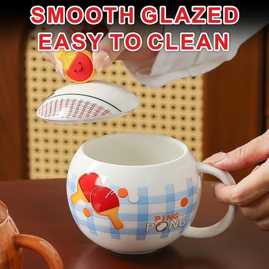 Lustige Tischtennis Kaffeetasse, Pingpong Keramik Becher, Ballform Cappuccino Tassen mit Deckel, Ges