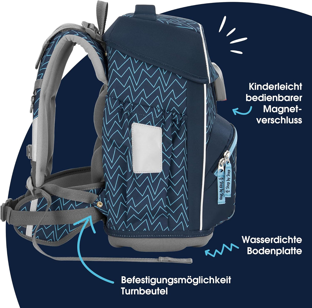 Step by Step Basis Schulranzen-Set „Blue Lines“, 4-teilig, blau, ergonomischer Tornister mit Reflekt