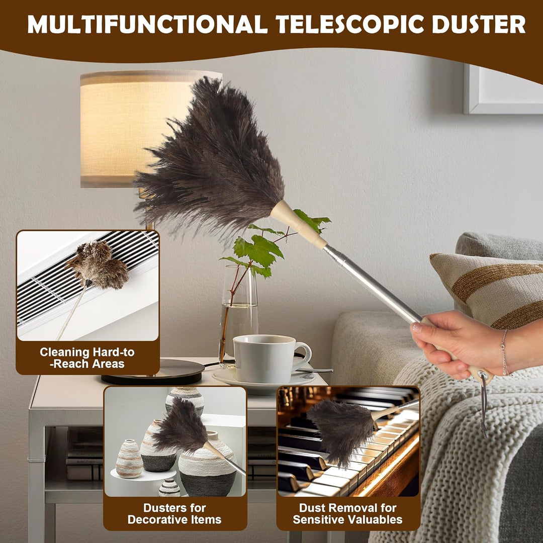 Staubwedel Straussenfedern Teleskop – Duster Ausziehbar bis 186 cm, Waschbar, Anti-Statik, Kratzfrei