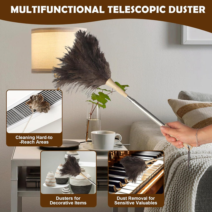 Staubwedel Straussenfedern Teleskop – Duster Ausziehbar bis 186 cm, Waschbar, Anti-Statik, Kratzfrei