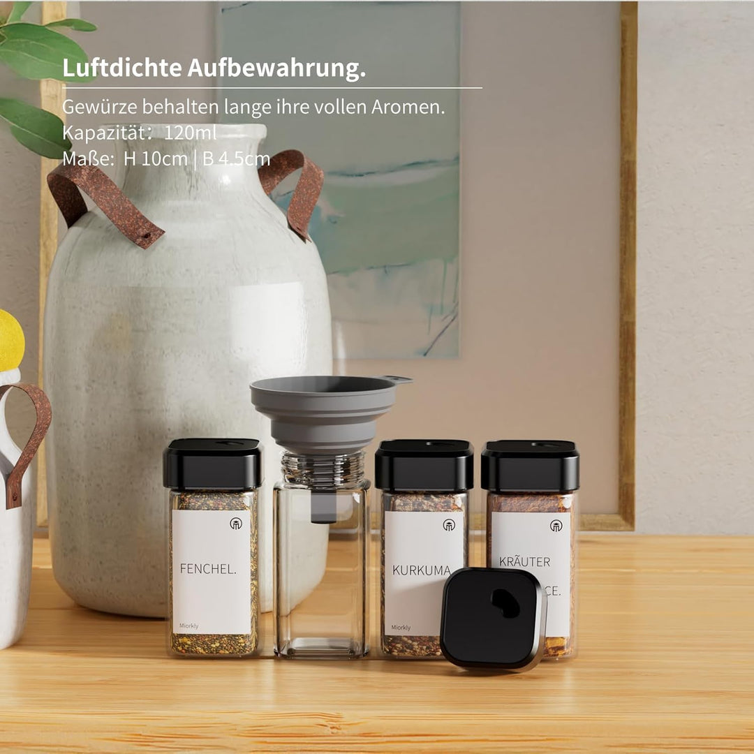 Miorkly 24 Gewürzgläser Eckig mit Drehdeckel,Gewürzstreuer Glas 120 ml - Gewürzdosen Set Starke Vers
