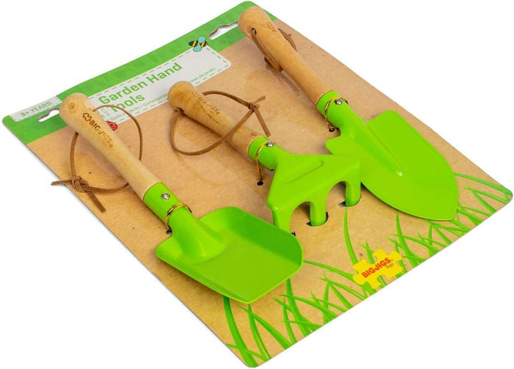 Bigjigs Toys Kids Gardening Tools Set - 3pc Metal Garden Tools Toy Set with Hand Fork, Trowel and Ra