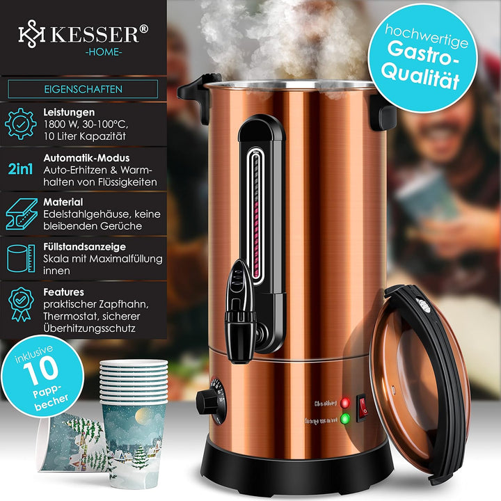 KESSER® Glühweinkessel 10L Edelstahl Inkl. 10x Becher Glühweinkocher mit Thermostat Glühweinautomat