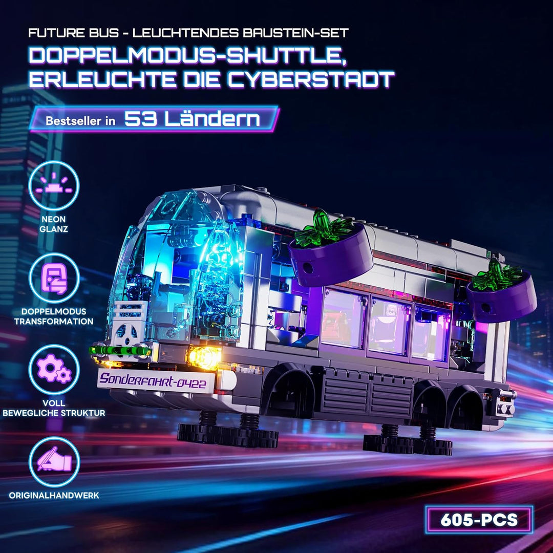 Lumibricks Cyberpunk Zukünftiger Bus mit LED-Beleuchtung – 2-in-1 Modell mit Licht, 605 Teile für Sc