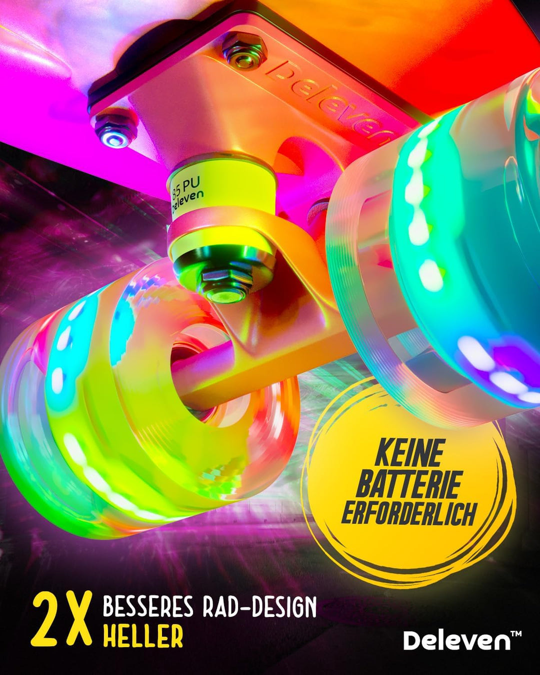 Deleven Skateboard mit LED Rollen, Skate Tool und ABEC 7 Lager - Kinder Erwachsene Anfänger - 56 cm