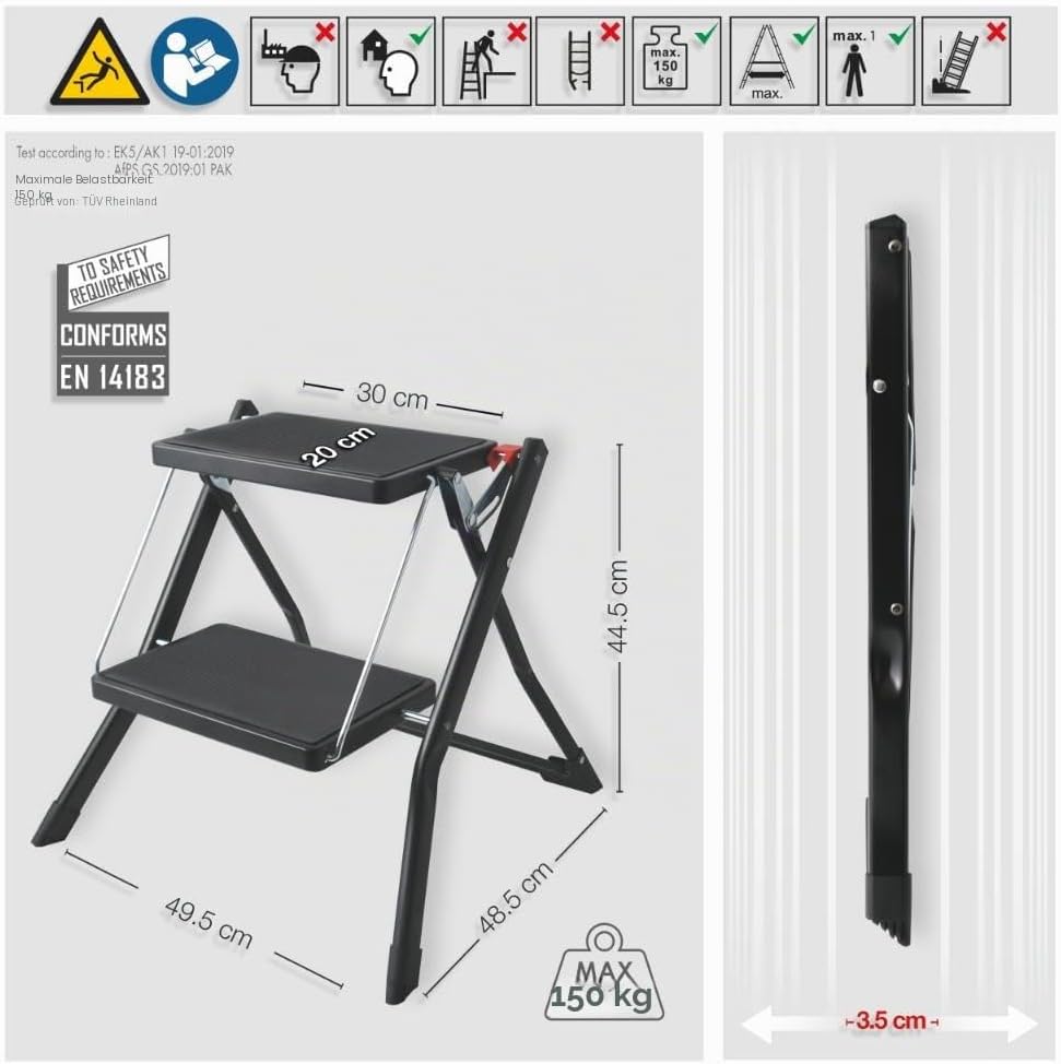 MSV Tritthocker mit 2 Stufen, klappbar & rutschfest, leicht, Stahl, max. 150 kg, Mattes Schwarz, Noi