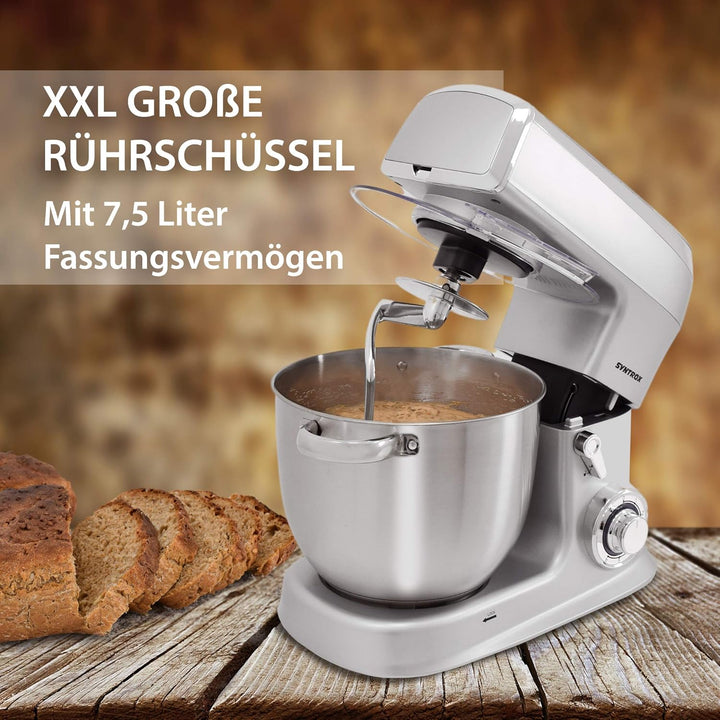 Syntrox Germany 1500 Watt Küchenmaschine Knetmaschine Mixer mit Fleischwolf, Edelstahl-Behälter, 7,5
