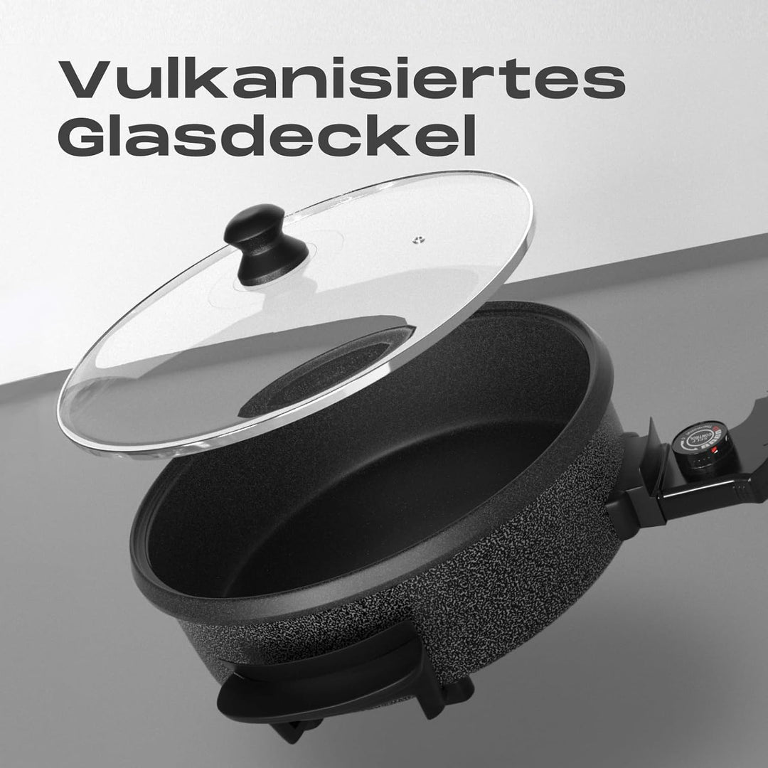 Elektropfanne 1500W mit Deckel, 28cm Partypfanne aus Aluminium & Stahl, Antihaftbeschichtung, Temper