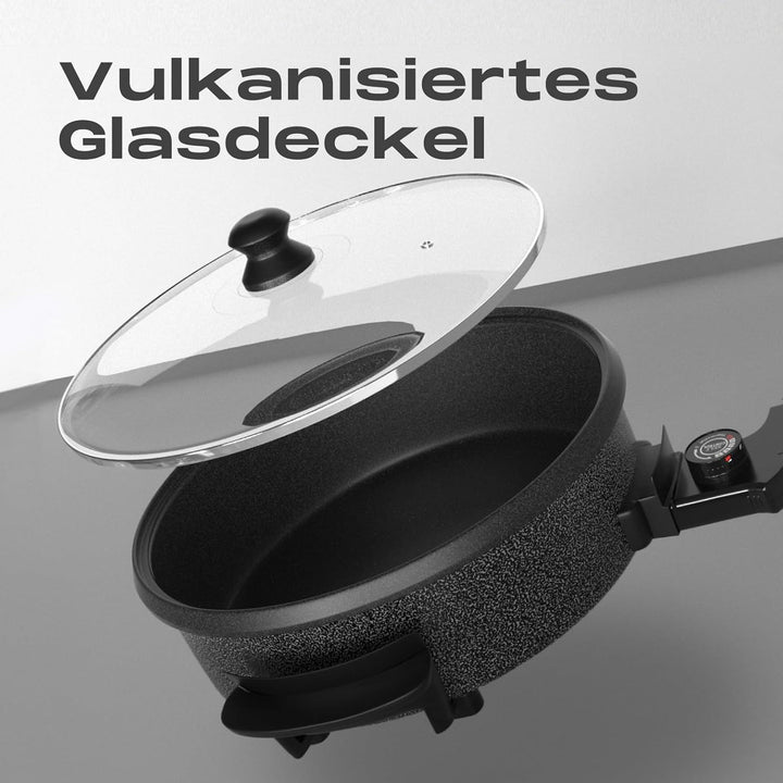 Elektropfanne 1500W mit Deckel, 28cm Partypfanne aus Aluminium & Stahl, Antihaftbeschichtung, Temper