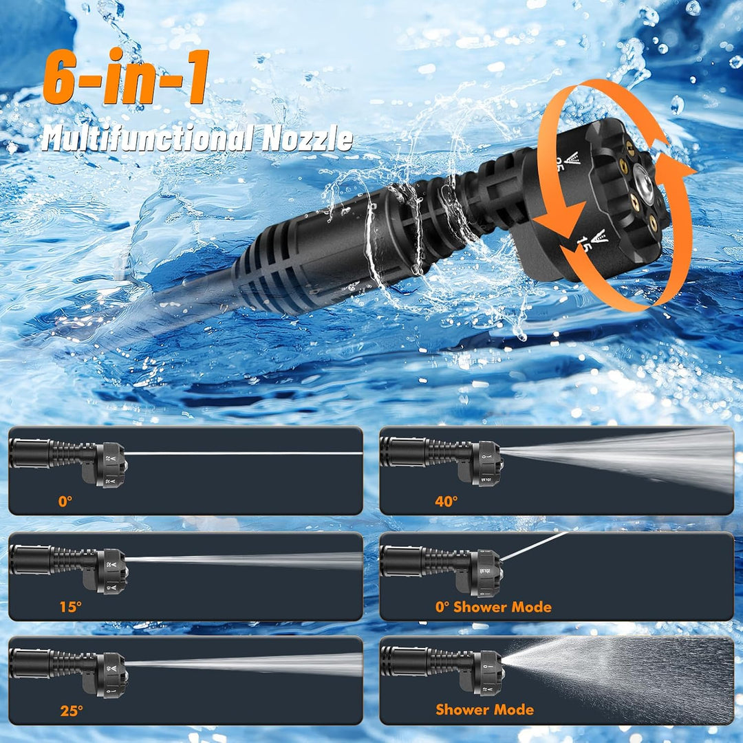 Akku Hochdruckreiniger 21V, 120 Bar Mobiler Druckreiniger mit 2 x 3,0Ah Akku, Bürstenloser Motor, 6-